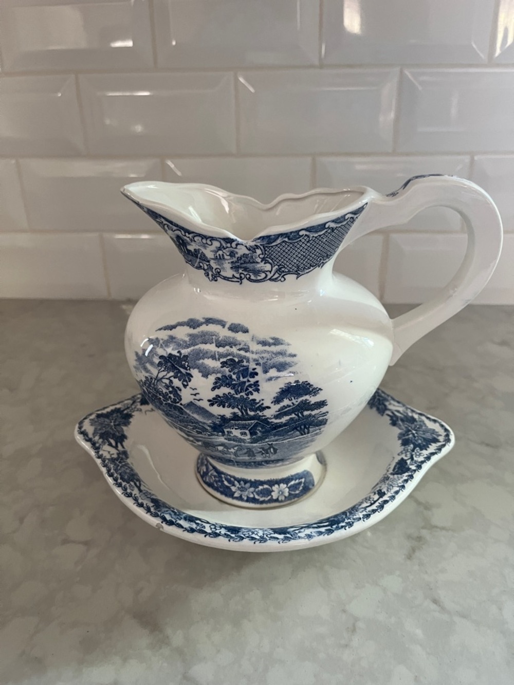 Vintage Blue & White Porcelain Japan pastoral scene Bowl Pitcher Transferware